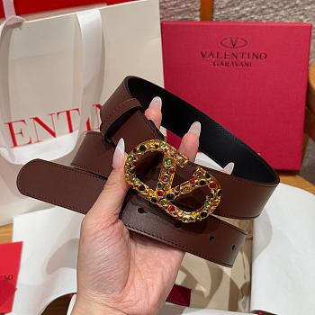 Kitlife Valentino Garavani VLogo Signature Belt In Brown Calfskin With Gold Multicolor Crystals 30mm