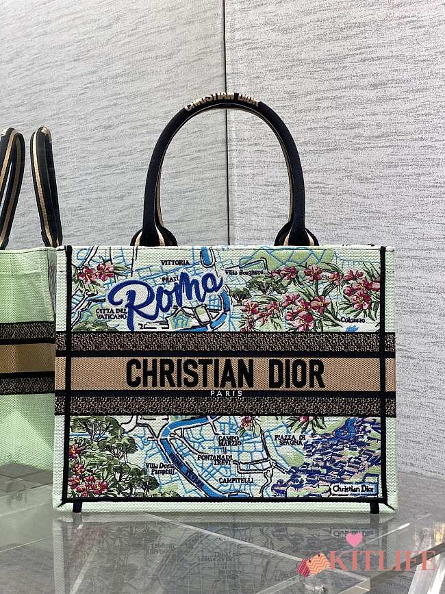 Kitlife Dior Souvenir Medium White & Green Natural Raffia And Multicolor Book Tote 36x18x28cm - 1