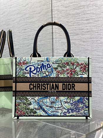 Kitlife Dior Souvenir Medium White & Green Natural Raffia And Multicolor Book Tote 36x18x28cm