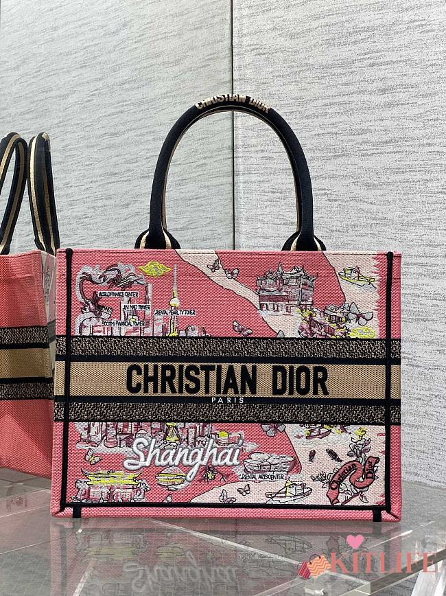 Kitlife Dior Souvenir Medium Pink Natural Raffia And Multicolor Book Tote 36x18x28cm - 1
