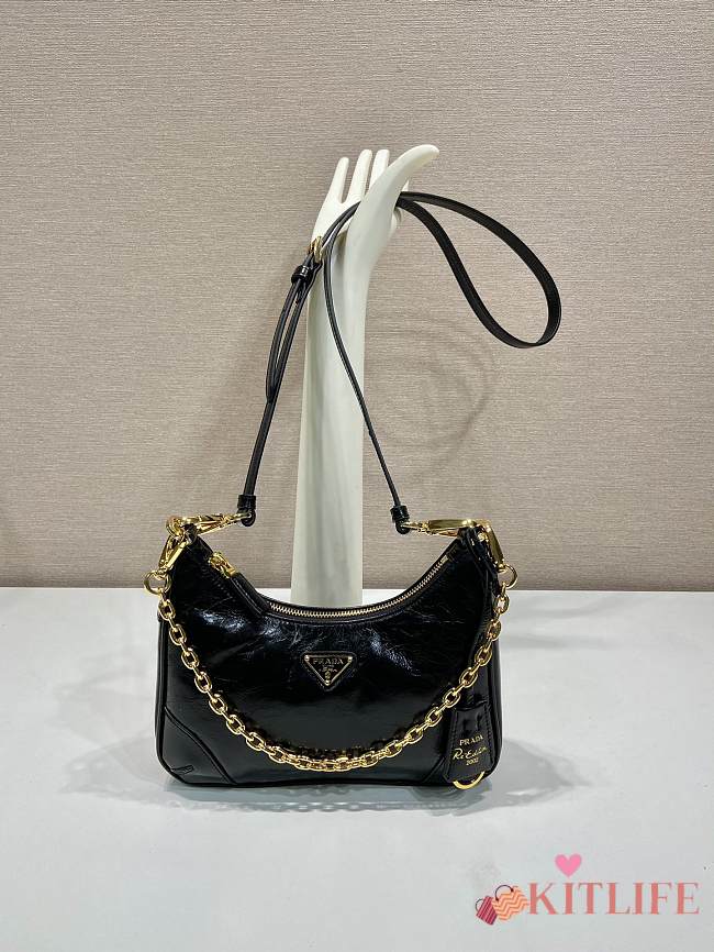 Kitlife Prada Re-Edition Black Brushed Leather Mini Bag 1BC204 18x22x6cm - 1