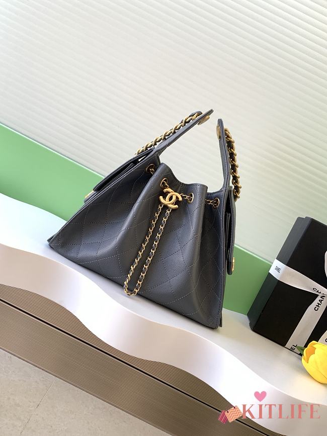 Kitlife Chanel 25C Drawstring Bucket Hobo Bag Dark Grey Grained Leather 30×26×14cm - 1