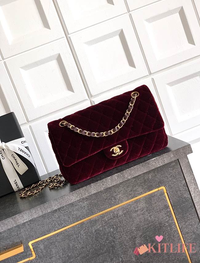 Kitlife Chanel Classic Velvet Bag in Burgundy 25.5cm - 1
