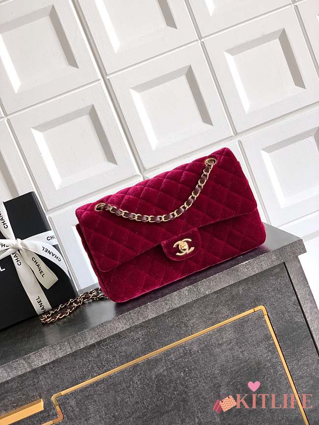 Kitlife Chanel Classic Velvet Bag in Red 25.5cm - 1