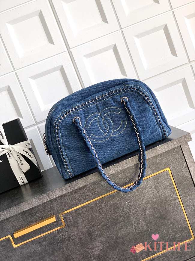 Kitlife Chanel Boston Bowling Bag Blue Denim 33x20.5x15cm - 1