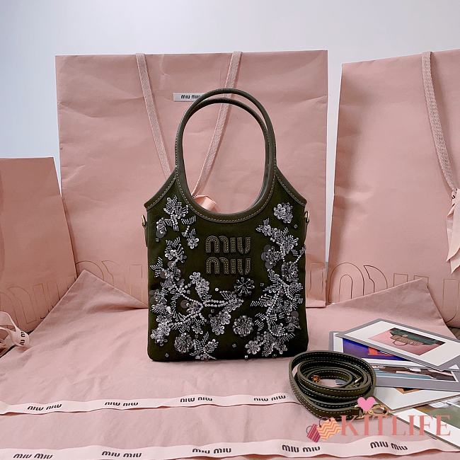 Kitlife Miu Miu Ivy Embroidered Gabardine Bag Green 5BA281 20x24cm - 1