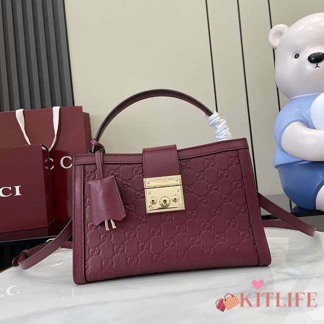 Kitlife Gucci Padlock Medium Top Handle Bag Burgundy Embossed GG Leather 838992 25.5x17.5x10cm  - 1