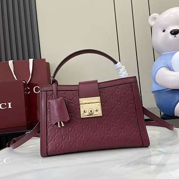 Kitlife Gucci Padlock Medium Top Handle Bag Burgundy Embossed GG Leather 838992 25.5x17.5x10cm 