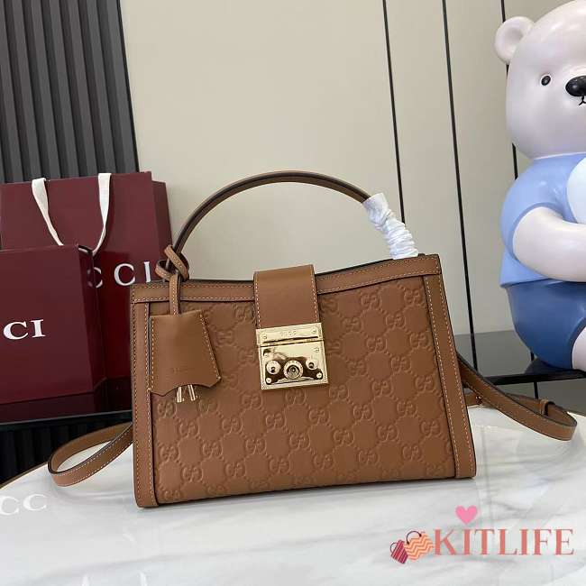Kitlife Gucci Padlock Medium Top Handle Bag Brown Embossed GG Leather 838992 25.5x17.5x10cm - 1