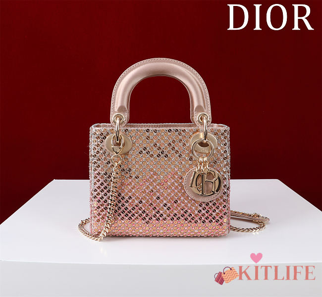 Kitlife Dior Lady Diana Three-Grid Embroidered Gradient Beads Pink M0505821 17x15x7cm - 1
