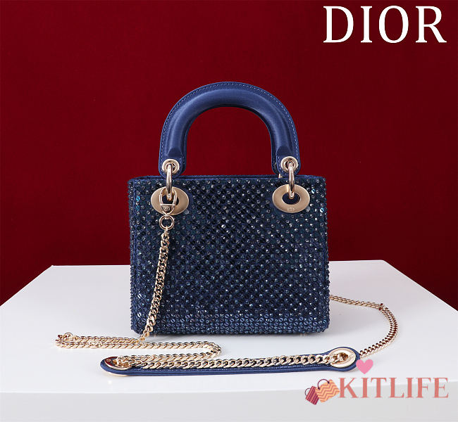 Kitlife Dior Lady Diana Three-Grid Embroidered Gradient Beads Dark Blue M0505821 17x15x7cm - 1