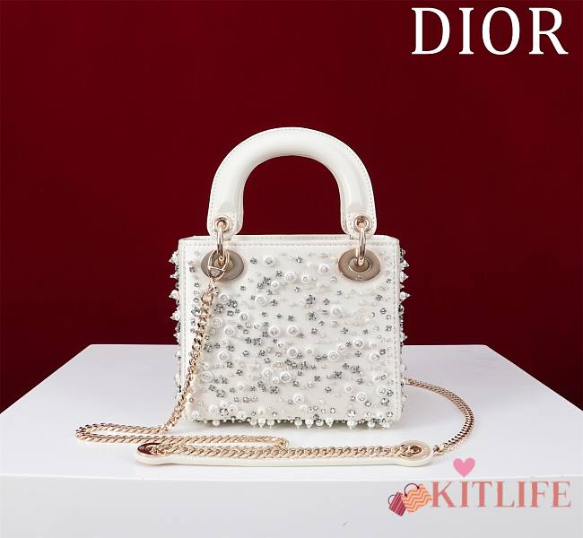 Kitlife Dior Lady Diana Three-Grid Embroidery with Diamonds and Pearls M0505811 17x15x7cm - 1