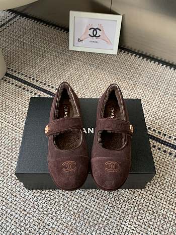 Kitlife Chanel Fur Ballet Flats Shoes Dark Brown Suede