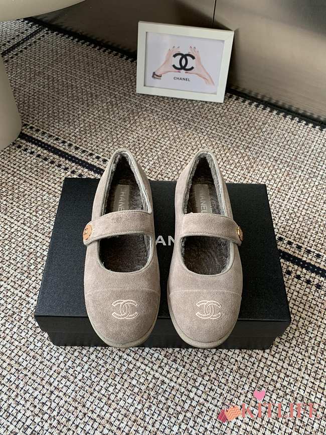 Kitlife Chanel Fur Ballet Flats Shoes Grey Suede - 1