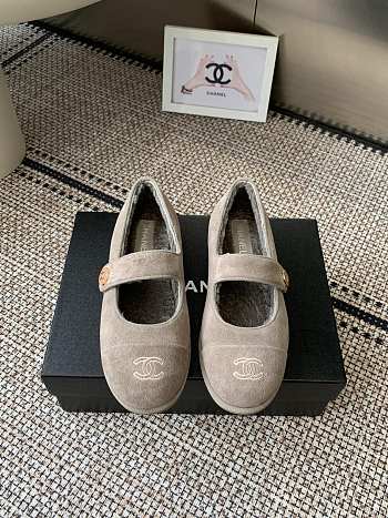 Kitlife Chanel Fur Ballet Flats Shoes Grey Suede