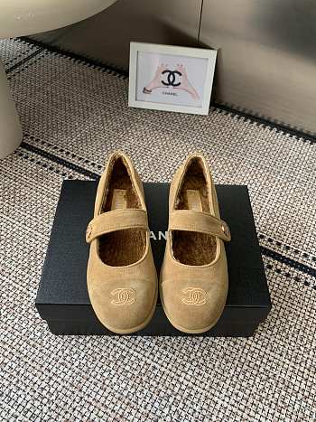 Kitlife Chanel Fur Ballet Flats Shoes Beige Suede