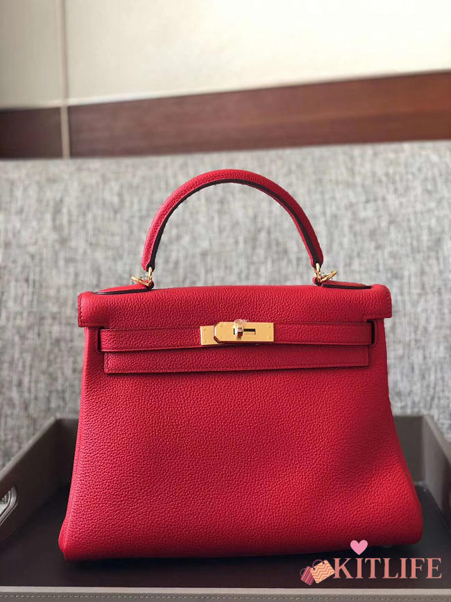 Kitlife Hermes Kelly Bag Togo Red Leather With Gold Buckle 28cm - 1