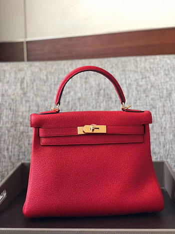 Kitlife Hermes Kelly Bag Togo Red Leather With Gold Buckle 28cm