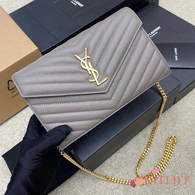 Kitlife Saint Laurent Monogram Envelope Chain Wallet Grey With Gold Hardware 377828 22.5x14x4cm - 1