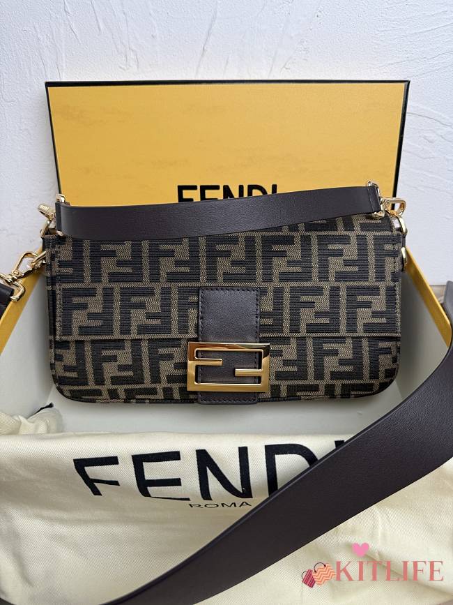 Kitlife Fendi Tobacco Brown FF Jacquard Fabric Bag Gold Buckle 27x6x15cm - 1
