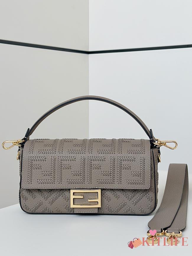 Kitlife Fendi Baguette Grey-coloured Leather Bag With FF Interlacing 27x6x15cm - 1