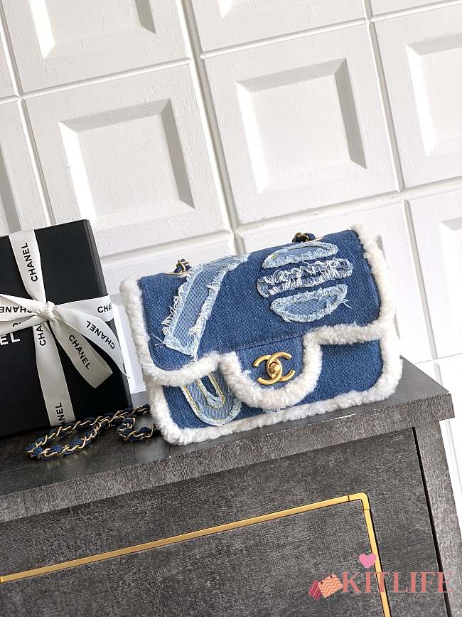 Kitlife Chanel Denim Shearling Hieroglyph Flap Blue Bag 20cm - 1