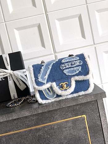 Kitlife Chanel Denim Shearling Hieroglyph Flap Blue Bag 20cm
