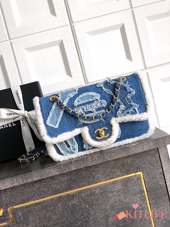 Kitlife Chanel Denim Shearling Hieroglyph Flap Blue Bag 26cm - 1