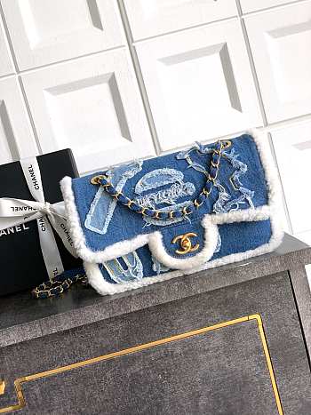 Kitlife Chanel Denim Shearling Hieroglyph Flap Blue Bag 26cm