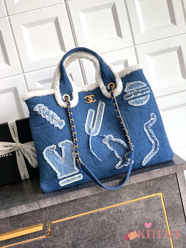 Kitlife Chanel Denim Shearling Hieroglyph Blue Tote Bag 29x40x14.5cm - 1