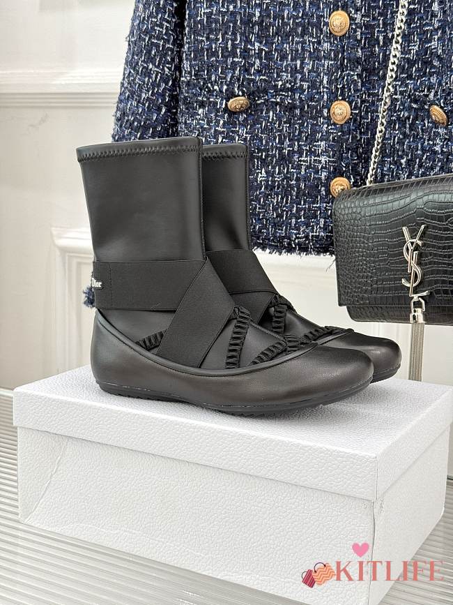 Kitlife Dior 25WF Lettered Cross Elastic Band Ballet Stretch Ankle Boots Black  - 1