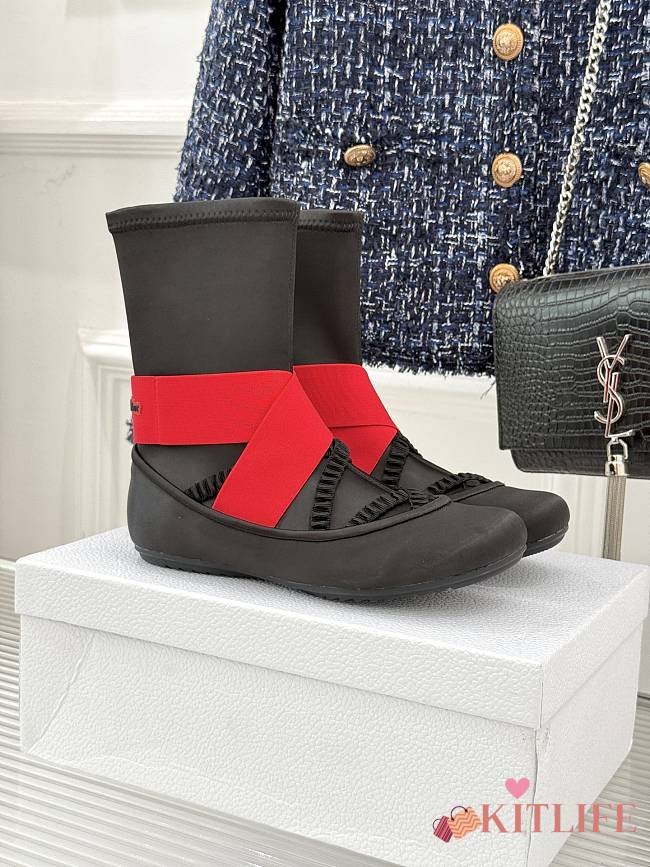 Kitlife Dior 25WF Lettered Cross Elastic Band Ballet Stretch Ankle Boots Black & Red - 1