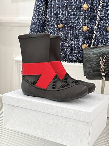 Kitlife Dior 25WF Lettered Cross Elastic Band Ballet Stretch Ankle Boots Black & Red