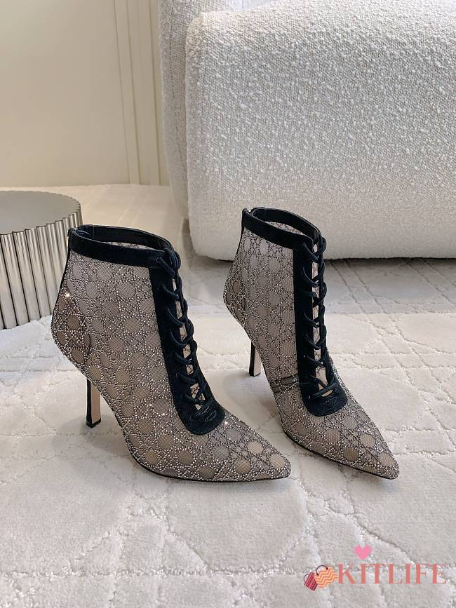 Kitlife Dior Capture Heeled Ankle Boot Transparent Mesh with Silver-Tone Strass Cannage Motif and Black Suede Goatskin - 1