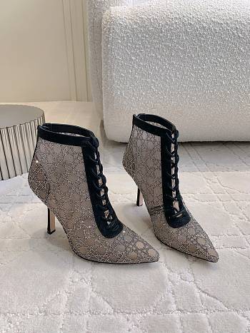 Kitlife Dior Capture Heeled Ankle Boot Transparent Mesh with Silver-Tone Strass Cannage Motif and Black Suede Goatskin