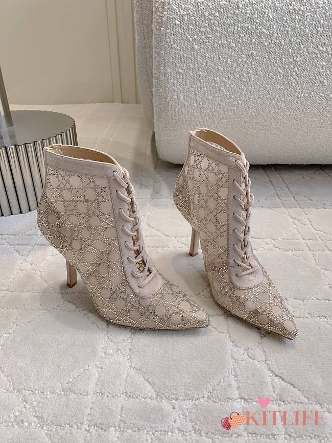Kitlife Dior Capture Heeled Ankle Boot Transparent Mesh with Silver-Tone Strass Cannage Motif and Beige Suede Goatskin - 1