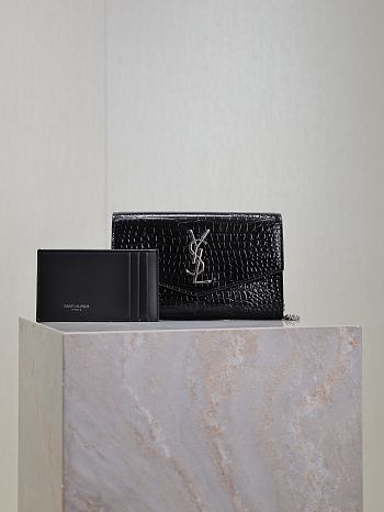 Kitlife Saint Laurent Uptown Chain Wallet in Black Shiny Crocodile-embossed Leather Silver Buckle 607788 19x12x4cm 