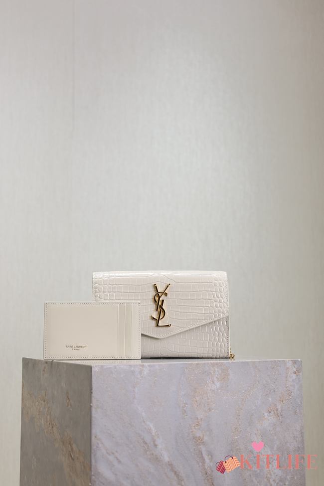 Kitlife Saint Laurent Uptown Chain Wallet in White Shiny Crocodile-embossed Leather Gold Buckle 607788 19x12x4cm - 1