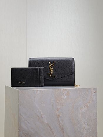 Kitlife Saint Laurent Uptown Chain Wallet in Black Grained Leather Gold Buckle 607788 19x12x4cm 