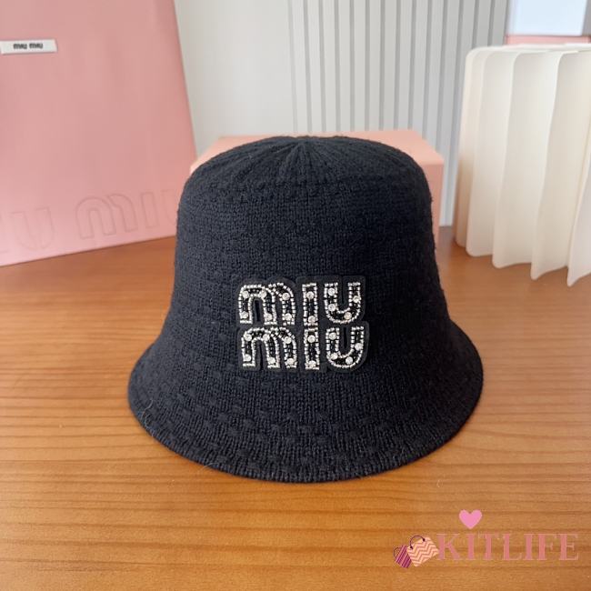Kitlife Miu Miu Knit Striped Bucket Hat Black - 1