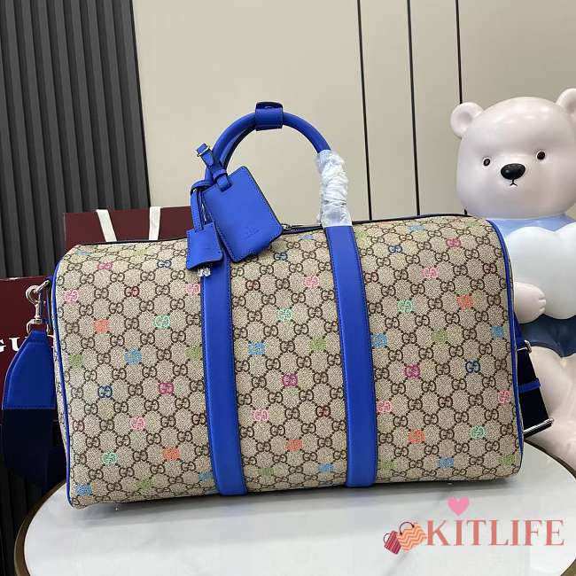 Kitlife Gucci GG Multicolor Medium Duffle Bag Blue Leather Trim 792074 30x45x24.5cm  - 1