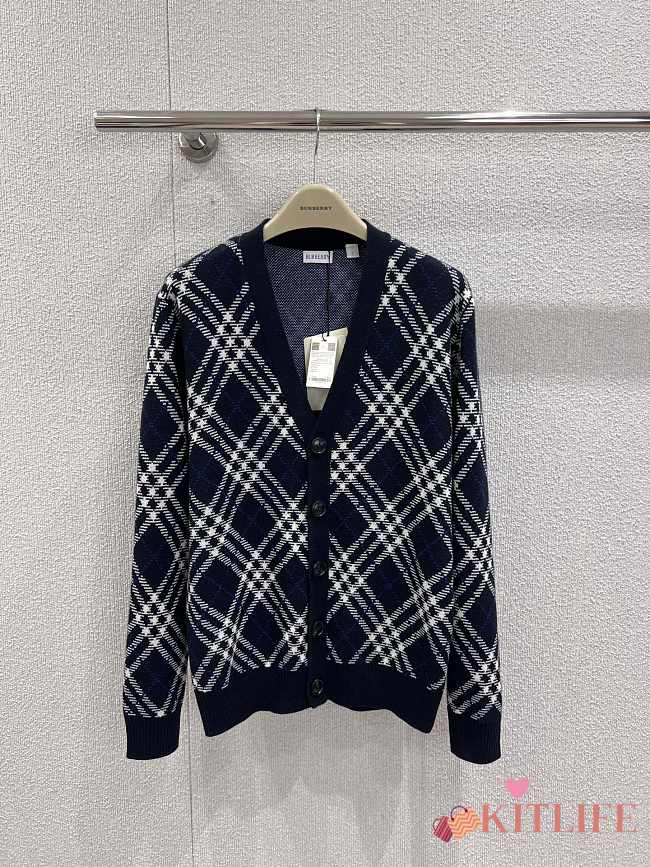 Kitlife Burberry 25FW Twill Check Wool Blend V-Neck Knit Cardigan Dark Blue  - 1
