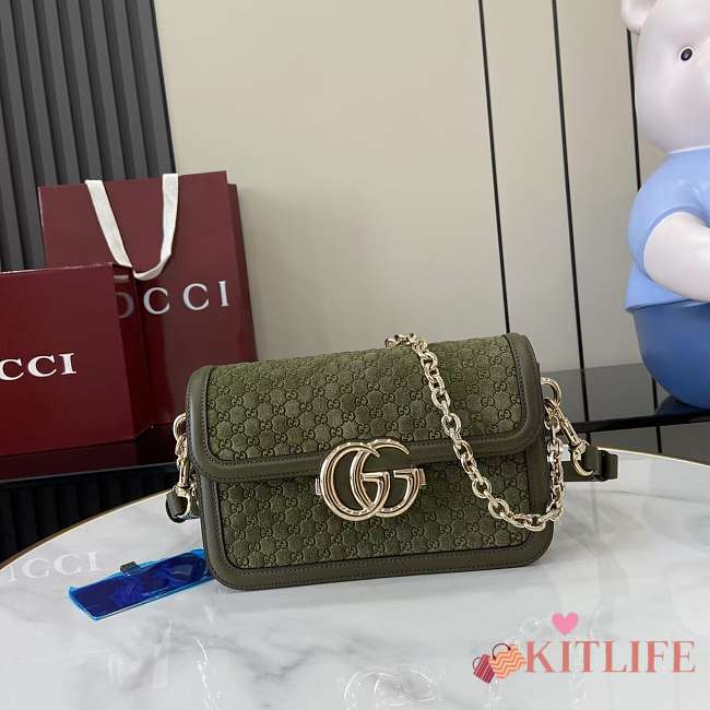Kitlife Gucci Go Shoulder Bag Forest Green GG Suede 826761 21.5x14x9cm  - 1