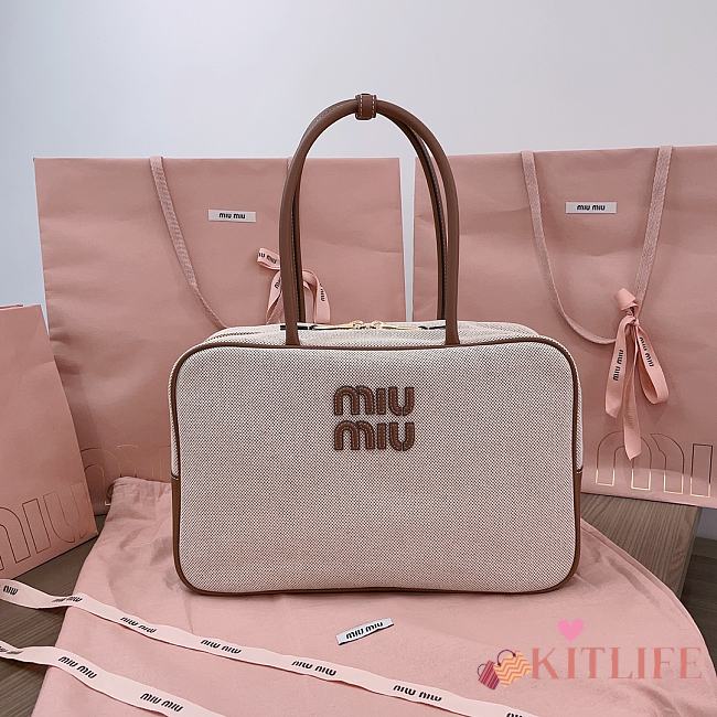 Kitlife Miu Miu Beau Brown Leather-trimmed Canvas Handle Bag 5BB117 34x23x12cm - 1