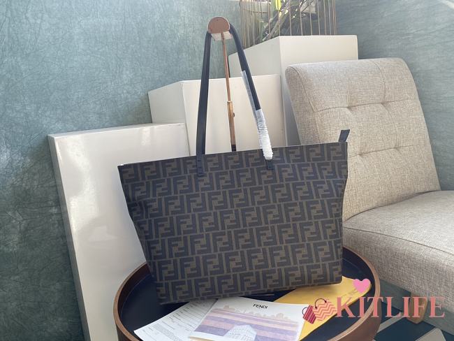 Kitlife Fendi Roll Shopping Bag in Brown FF jacquard Fabric And Brown Stripes 35x27x13.5cm  - 1