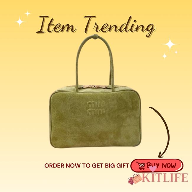 Kitlife Miu Miu Green Suede Leather Beau Handle Bag 5BB117 34x23x12cm - 1