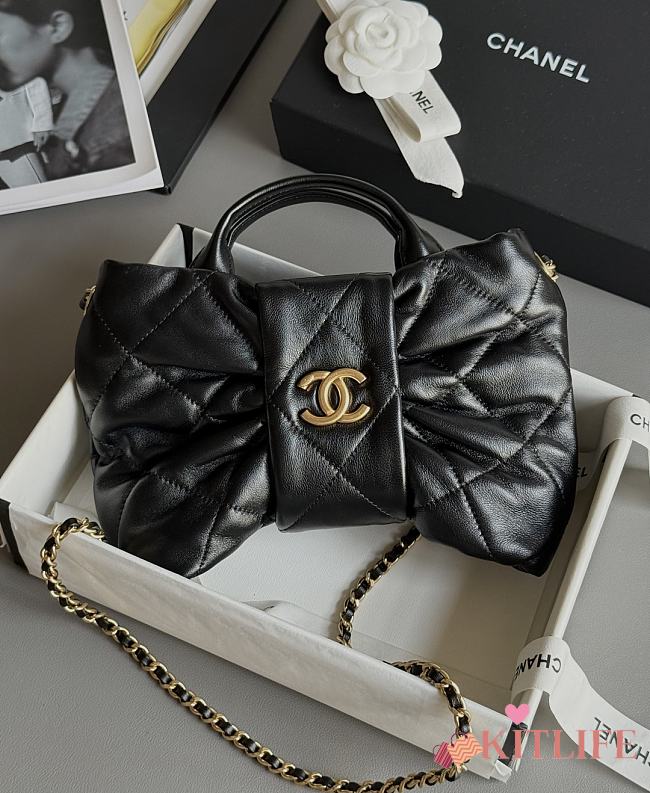 Kitlife Chanel Mini Bow Bag Black Shiny Lambskin & Gold Plated Metal AS5849 18x26x5cm - 1