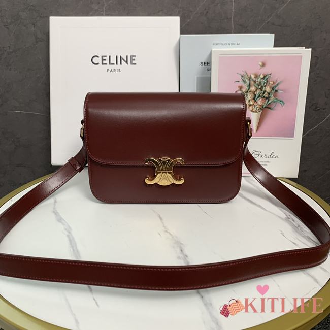 Kitlife Celine Classic Triomphe Bag in Burgundy Calfskin 187363 22x16.5x7cm - 1