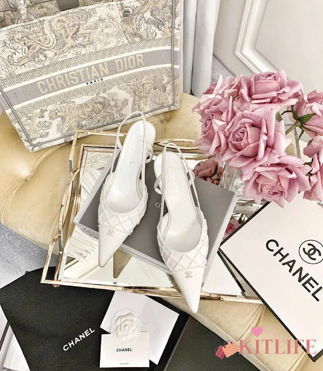 Kitlife Chanel White Satin CC Beads Embellished Slingback Pumps   - 1