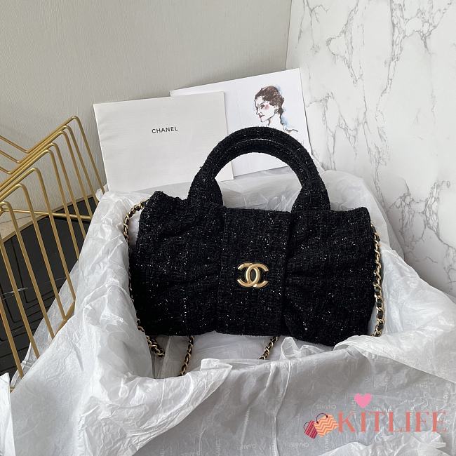 Kitlife Chanel Mini Bow Bag Black Tweed & Gold Plated Metal AS5849 18x26x5cm  - 1